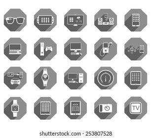 Icons set of smart devices, modern wearable electronics, audio and video gadgets, communication systems and home control and the vehicle - stock vector.