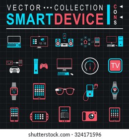Icons set of smart devices, modern wearable electronics, audio and video gadgets, communication systems and home control and the vehicle - stock vector.