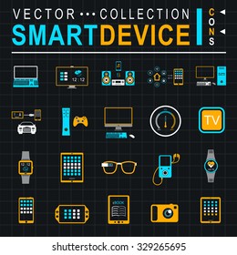 Icons set of smart devices, modern wearable electronics, audio and video gadgets, communication systems and home control and the vehicle - stock vector.
