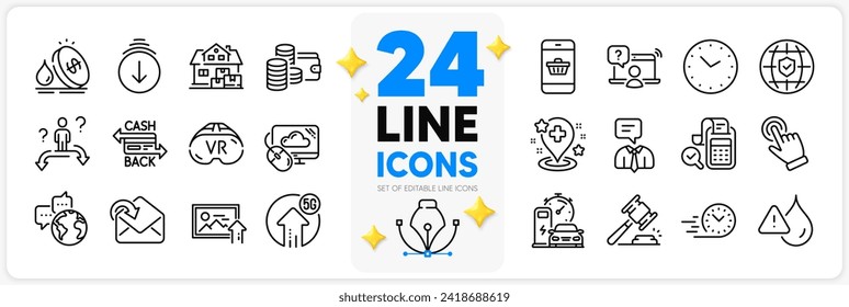 Icons set of Smartphone buying, Cashback card and Online question line icons pack for app with Waterproof, Vr, Receive mail thin outline icon. Auction hammer, Wallet, Bill accounting pictogram. Vector