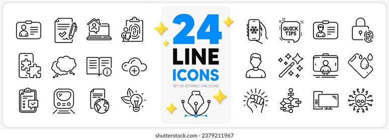 Icons set of Smartphone waterproof, Block diagram and Fingerprint lock line icons pack for app with Computer, Metro, Technical info thin outline icon. Checklist, Eco energy, Empower pictogram. Vector