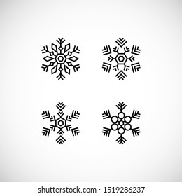 Icons set of snowflakes. Vector illustration on white background, flat design, geometric style. Elements for Christmas banners, posters, leaflets, invitations, greeting cards or for web design.