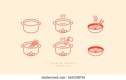 Icons set for soba noodle packaging. Elements in thin line style for cooking instructions