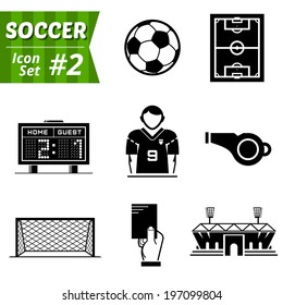 Icons set of soccer elements. Collection of symbols for association football. Qualitative vector (EPS-10) icons about soccer, sport game, championship, gameplay, etc. It has only solid color