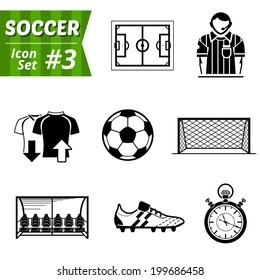 Icons set of soccer elements. Collection of symbols for association football. Qualitative vector (EPS-10) icons about soccer, sport game, championship, gameplay, etc. It has only solid color