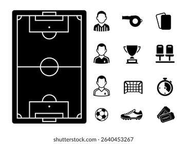 Icons set of soccer elements stock illustration. Soccer and Football Flat Icon Set with Referee, Ball, stadium and Trophy. isolated vector illustration.