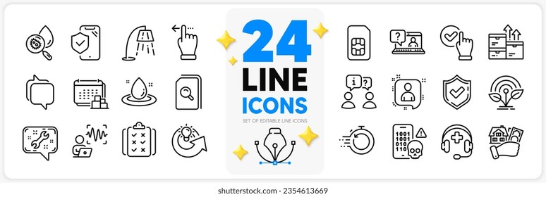 Icons set of Spanner, Rule and Voice wave line icons pack for app with Wholesale goods, Phone insurance, Checkbox thin outline icon. Fast recovery, Confirmed, Delivery pictogram. Vector