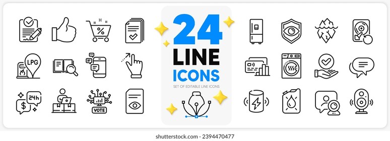 Icons set of Speaker, View document and Card line icons pack for app with Handout, Communication, Dryer machine thin outline icon. Rfp, Gas station, Text message pictogram. Eye detect. Vector