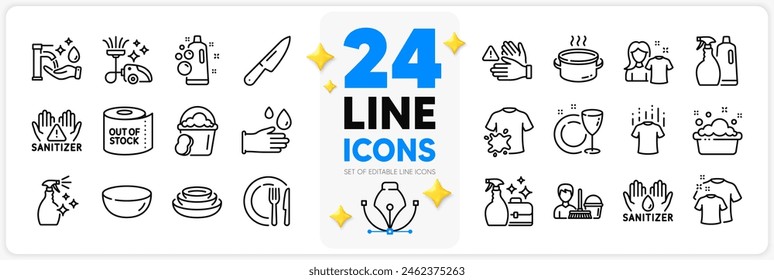 Icons set of Sponge, Shampoo and spray and Toilet paper line icons pack for app with Clean shirt, Washing hands, Cleanser spray thin outline icon. Washing cleanser, Clean hands. Vector