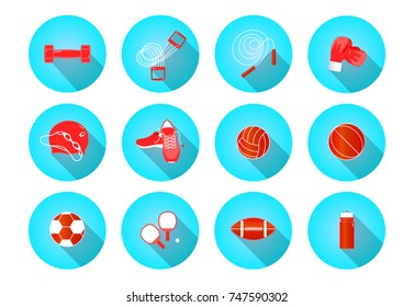 Icons set of sport equipment like weight, jumping rope, boxing gloves, expander, waterproof goggles, swimming cap, tennis rackets. For football, volleyball, basketball, rugby. Lead healthy lifestyle.