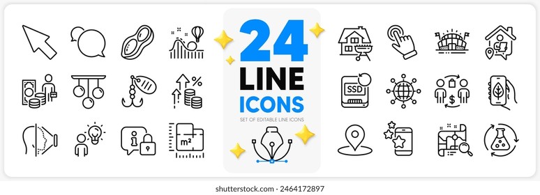 Icons set of Sports arena, Mouse cursor and Pin line icons pack for app with Ecology app, Cursor, Fishing lure thin outline icon. Peanut, International globe, Face id pictogram. Lock. Vector