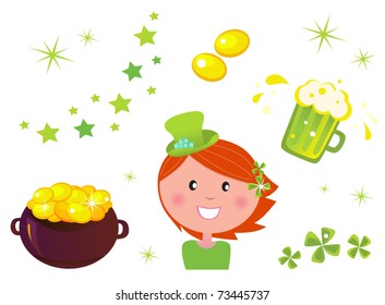 Icons set of St. Patrick's Day design elements - cauldron with coins, four leaf clovers, green beer and Leprechaun.