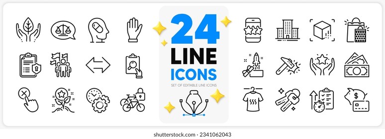 Icons set of Star, Innovation and Dry t-shirt line icons pack for app with Loyalty points, Money, Timer thin outline icon. Ranking, Justice scales, Bicycle lockers pictogram. Fair trade. Vector