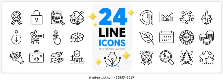 Icons set of Star, Winner ribbon and Lock line icons pack for app with Clapping hands, Scroll down, Dish thin outline icon. Fake internet, Infochart, Plane pictogram. Loyalty award. Vector