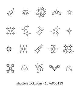 icons set Stars flat stroke. Starry night, falling star, firework, twinkle, glow, glitter burst vector illustrations. Outline signs for glossy material property. outline and line art styles