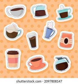 icons set of stickers coffee