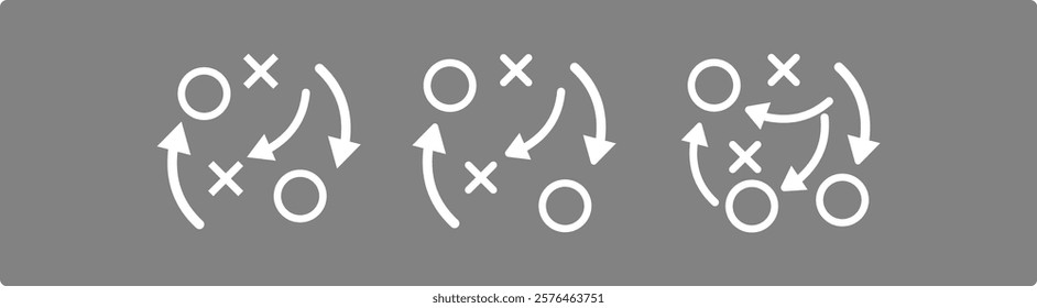 icons set of strategy. Strategy game plan. Tactic for soccer. Scheme for training of football team. Sport illustration