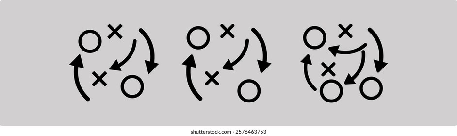 icons set of strategy. Strategy game plan. Tactic for soccer. Scheme for training of football team. Sport illustration