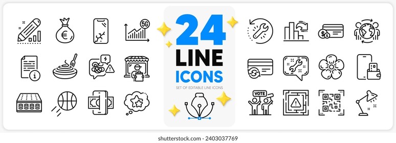 Icons set of Stress, Qr code and Decreasing graph line icons pack for app with Natural linen, Manual, Pasta dish thin outline icon. Table lamp, Spanner, Ranking stars pictogram. Vector