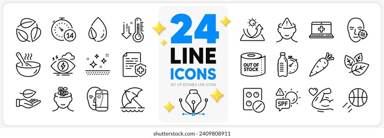 Icons set of Strong arm, Stress and Mental health line icons pack for app with Medical tablet, Beach umbrella, Spf protection thin outline icon. Face biometrics, Anxiety. Design with 3d stars. Vector