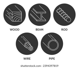 Icons set for Stud finder device with different types of detecting items - Wood, Beam, Rod, Wire, Pipe. Pictograms in thin line and circle shapes