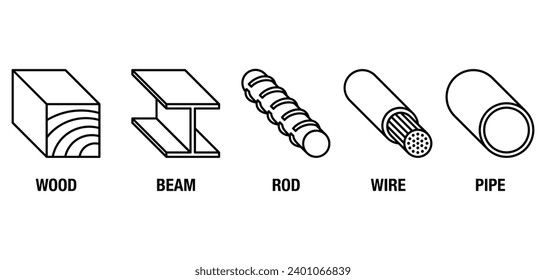 Icons set for Stud finder device with different types of detecting items - Wood, Beam, Rod, Wire, Pipe. Isometric pictograms in thin line