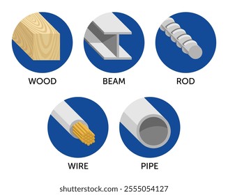 Icons set for Stud finder device with different types of detecting items - Wood, Beam, Rod, Wire, Pipe. Pictograms in multicolor and in circle shapes