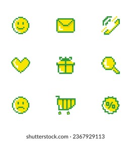 Icons, a set in the style of pixel art. For an online store, the start page