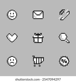 Icons, a set in the style of pixel art. For an online store, the start page