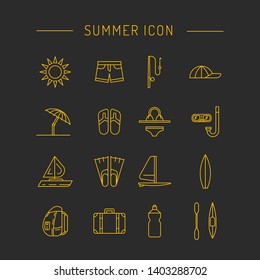 Icons set for summer holiday and travel. Elements on the theme of summer, travel, trekking, vacation, weekend beach vacation.