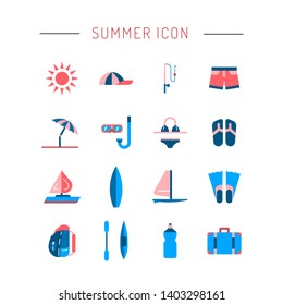 Icons set for summer holiday and travel. Elements summer icon on the theme of summer, travel, trekking, vacation, weekend beach vacation. Summer icon flat style