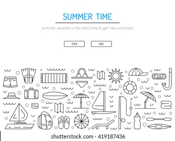 Icons set for summer holiday and travel. Elements on the theme of summer, travel, trekking, vacation, weekend beach vacation. Summer icons flat, outline. Icon summer time. Icon hello summer. Summer