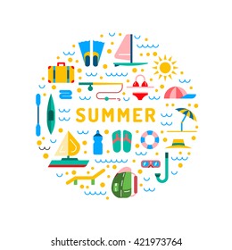 Icons set for summer holiday and travel. Elements on the theme of summer, travel, trekking, vacation, weekend beach vacation. Summer icons flat, outline. Icon summer time. Icon hello summer. Summer