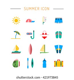 Icons set for summer holiday and travel. Elements on the theme of summer, travel, trekking, vacation, weekend beach vacation. Summer icons flat, outline. Icon summer time. Icon hello summer. Summer