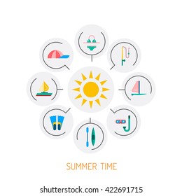 Icons set for summer holiday and travel. Elements on the theme of summer, travel, trekking, vacation, weekend beach vacation. Summer icons flat, outline. Icon summer time. Icon hello summer. Summer