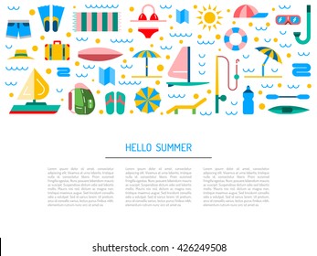 Icons set for summer holiday and travel. Elements on the theme of summer, travel, trekking, vacation, weekend beach vacation. Summer icons flat, outline. Icon summer time. Icon hello summer. Summer