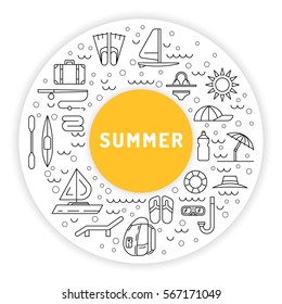 Icons set for summer holiday and travel. Elements on the theme of summer, travel, trekking, vacation, weekend beach vacation.