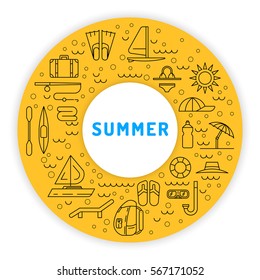 Icons set for summer holiday and travel. Elements on the theme of summer, travel, trekking, vacation, weekend beach vacation.