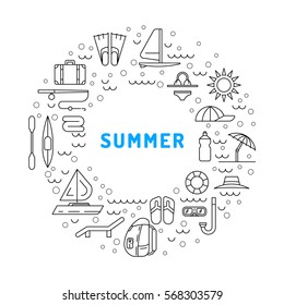 Icons set for summer holiday and travel. Elements on the theme of summer, travel, trekking, vacation, weekend beach vacation.