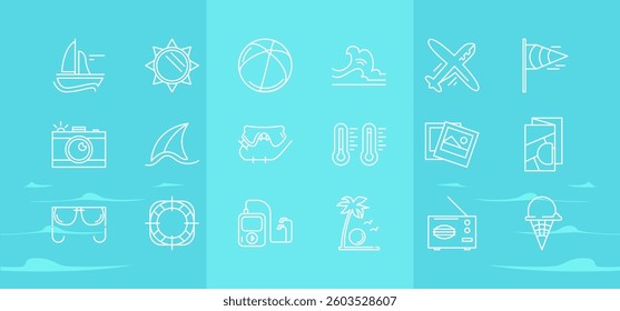 Icons set of Summer Vacation.  White stroke elements with sea waves, ocean signs, travel clip art. Summer time fun concept isolated objects for AD, branding and social media post. 
