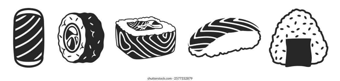 Icons set of sushi, rolls and sashimi on transparent background. Asian traditional food vector illustration. Rolls with rice, fish, salmon, avocado and seaweed