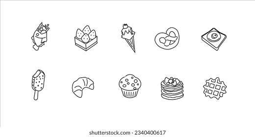 icons set of sweets.  ice-cream, desserts, Vector illustration. Set of black and white outline 