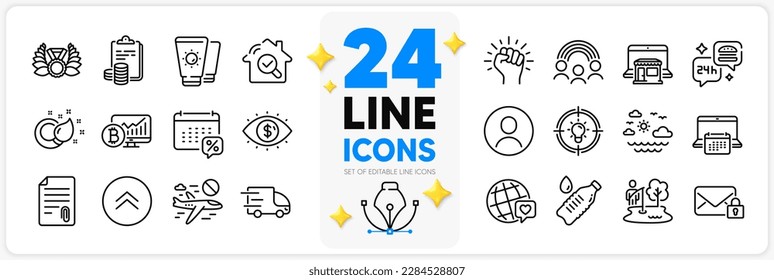 Icons set of Swipe up, Business vision and Paint brush line icons pack for app with Cancel flight, Inspect, Sunscreen thin outline icon. Truck delivery, World brand, Headshot pictogram. Vector