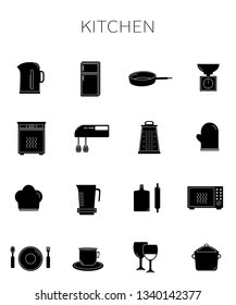 Icons set symbols depicting various kitchen utensils and objects related to cooking
