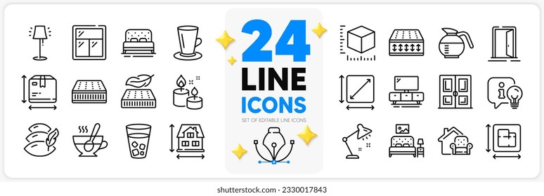 Icons set of Table lamp, Furniture moving and Bed line icons pack for app with Pillow, Square area, Mattress thin outline icon. Lightweight mattress, Tea cup, Door pictogram. Tv stand. Vector