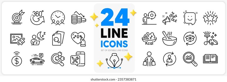 Icons set of Target goal, 360 degrees and Smile line icons pack for app with Genders, Inspect, Return parcel thin outline icon. Chemistry lab, Money loss, Person info pictogram. Food app. Vector