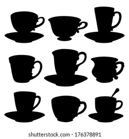 Icons set tea cups, coffee cups, spoon, saucer. Black silhouette isolated on a white background. Abstract design logo. Logotype art - vector