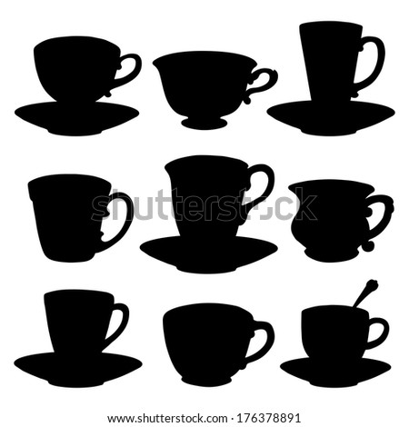 Icons set tea cups, coffee cups, spoon, saucer. Black silhouette isolated on a white background. Abstract design logo. Logotype art - vector