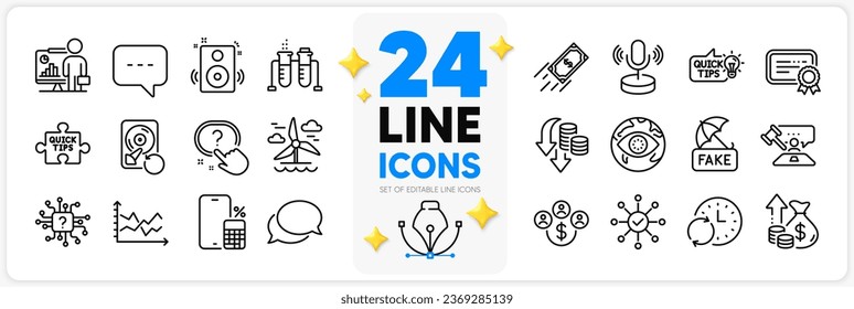 Icons set of Teacher, Question button and Inflation line icons pack for app with Certificate, Survey check, Messenger thin outline icon. Buying currency, Diagram chart, Fake news pictogram. Vector