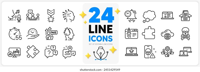 Icons set of Teamwork, Strategy and Talk bubble line icons pack for app with Journey, Artificial intelligence, Time management thin outline icon. Stress, Cloud computing. Design with 3d stars. Vector